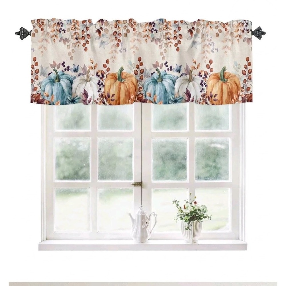 Fall Pumpkin Window Valance Autumn Harvest Watercolor Orange Teal 60x18
